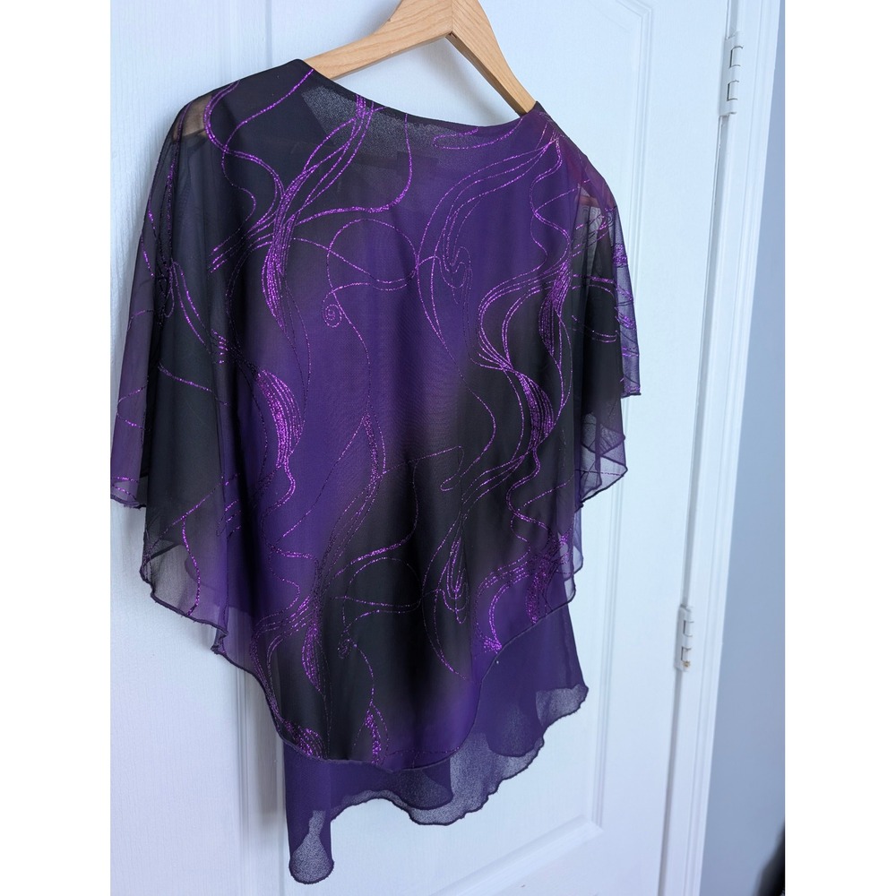 C.O.C. Purple Glitter Swirl Sheer Overlay Cape Blouse Top Made in USA Large - Picture 3 of 6